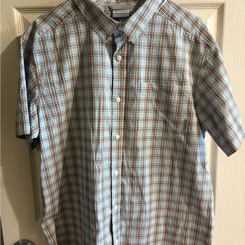 Columbia Blue and Brown Casual Button Down Shirt Lightweight Cotton